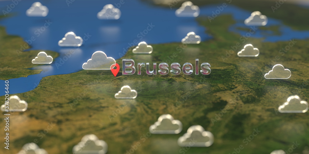 Cloudy weather icons near Brussels city on the map, weather forecast related 3D rendering Cloudy weather icons near Brussels city on the map, weather forecast related 3D rendering