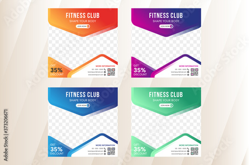 Fitness club of gym social media post square banner template for sport studio promotion. Space for photo collage. Various colors are orange, purple, blue and green gradient. 