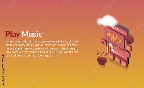 Isometric design - music play button on, speaker aktif concept music on tablet monitor , playlist sign template
