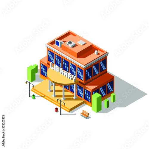 Abstract Isometric 3D Public Library Building Vector Design Style With Columns Bench And Lamp Post
