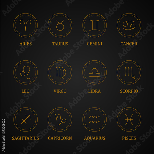 Set of gold zodiac signs. Astrological horoscope. Mystic zodiac icons. Vector illustration isolated on dark background.
