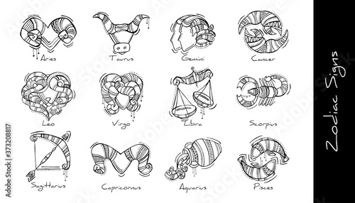 Set of vector graphic illustration of zodiac signs in boho style. Aries, Taurus, Gemini, Cancer, Leo, Virgo, Libra, Scorpio, Sagittarius, Capricorn, Aquarius, Pisces