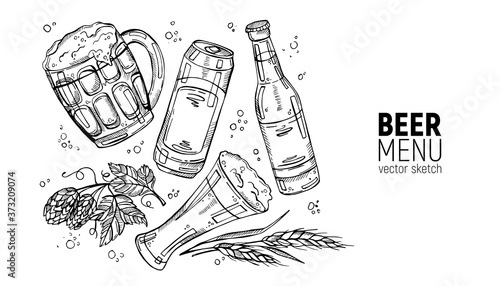 Hand drawn collection of beer and beer ingredients