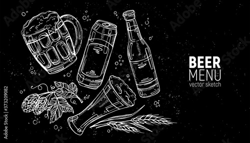 Hand drawn collection of beer and beer ingredients
