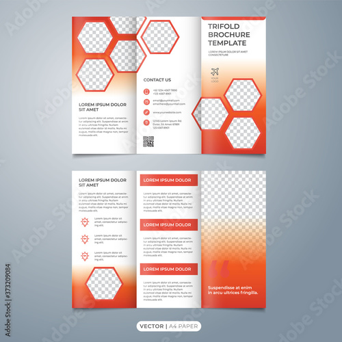 hexagonal tri fold brochure layout template vector with red color