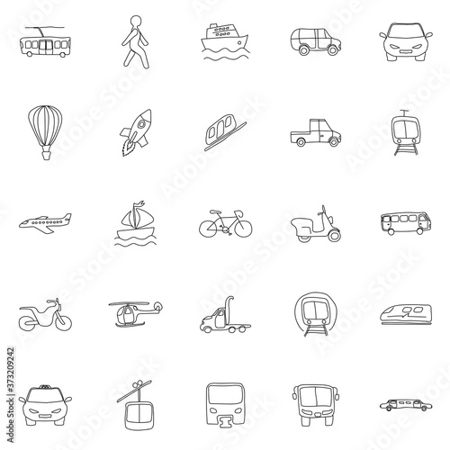 transport hand drawn linear doodles isolated on white background. transport icon set for web and ui design, mobile apps and print products