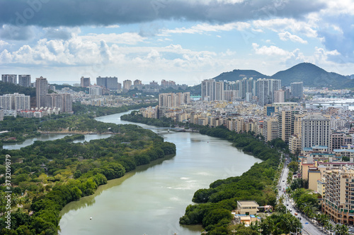 Beautiful aerial panoramic view of the city of Sanya city from Luhuitou Park. Hainan, China. © Evgeniy