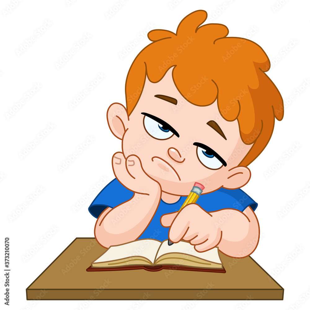 Bored school boy with hand on face sitting at desk writing in his notebook Bored school boy with hand on face sitting at desk writing in his notebook