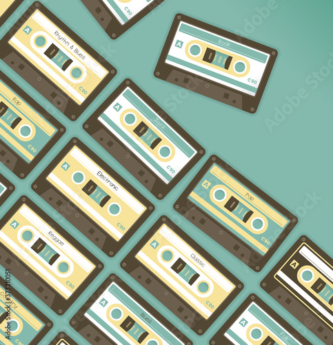 Vintage music stereo cassettes with genres texts: pop, rock, jazz, blues. Concepts: Dance party, Cloud storage multimedia audio library, radio, podcasts collection, records, vintage, 90s, 80s, disco.