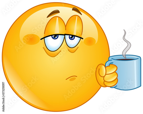 Tired emoji emoticon holding coffee morning mug