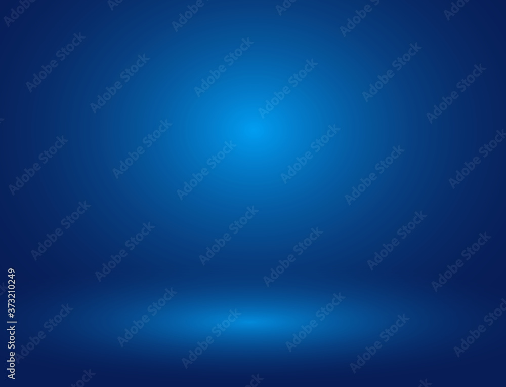Blue background with soft light on middle, floor, 3d room background, space for text, objects, vector illustration