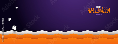 Happy halloween banner spooky background with ghosts. Paper art design. Vector illustration