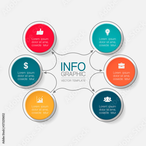 Vector infographic template, circle with 6 steps or options. Data presentation, business concept design for web, brochure, diagram.