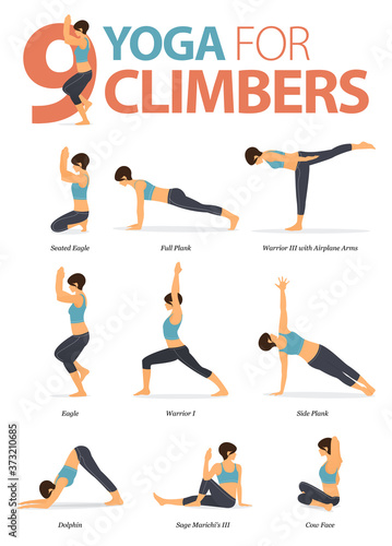 9 Yoga poses for climbers concept. Woman exercising for body stretching. Yoga posture or asana for fitness infographic. Flat cartoon vector.