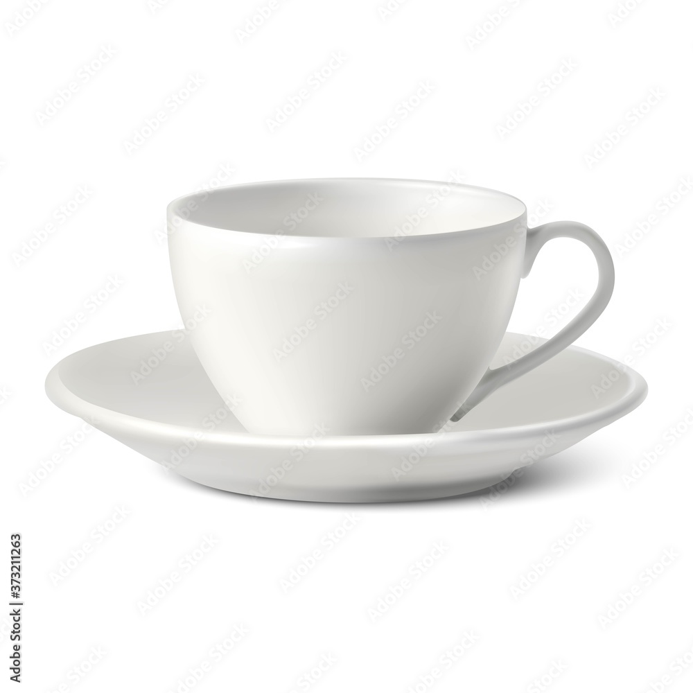 Isolated 3d realistic vector white porcelain cup with a plate on white background. Isolated 3d realistic vector white porcelain cup with a plate on white background.