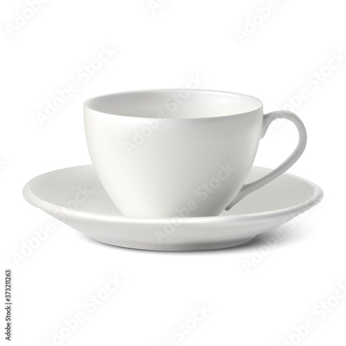 Isolated 3d realistic vector white porcelain cup with a plate on white background.