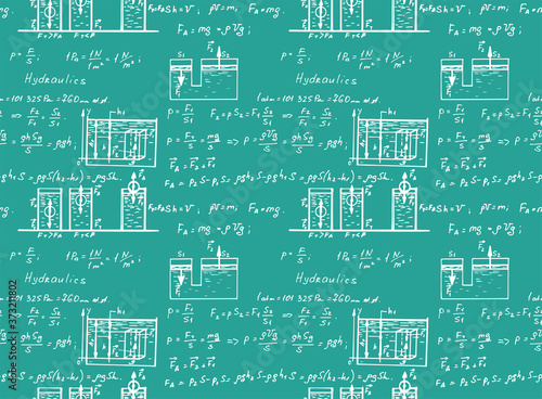 Hydraulics. Fluid law theory and  mathematical formula.  Physics   equation, doodle handwriting icon in blackboard background with hand drawn model, vector. Vintage seamless pattern.