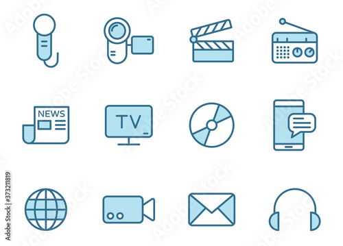 media 2 color line vector icons isolated on white. media two color icon set for web design, mobile app, user interface and print