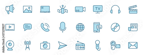 media outline vector icons in two colors. media 2 color line icon set for web design, mobile apps, ui design and print. Promo advertising business concept