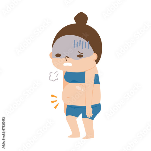 お腹が脂肪でぽっこり太ってしまって、ため息をついてる女性のイラスト。