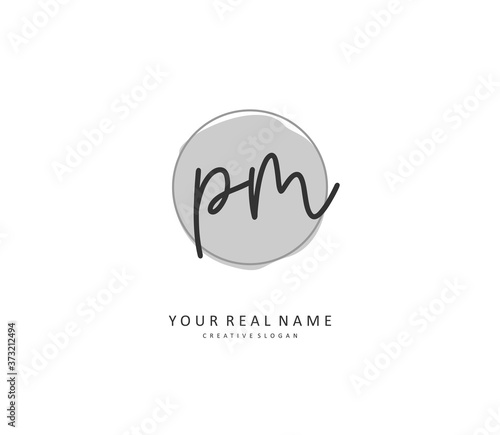 P M PM Initial letter handwriting and signature logo. A concept handwriting initial logo with template element.