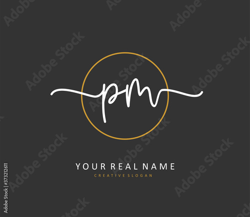 P M PM Initial letter handwriting and signature logo. A concept handwriting initial logo with template element.