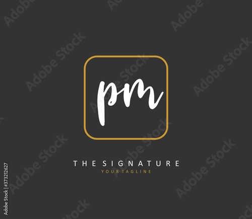 P M PM Initial letter handwriting and signature logo. A concept handwriting initial logo with template element.