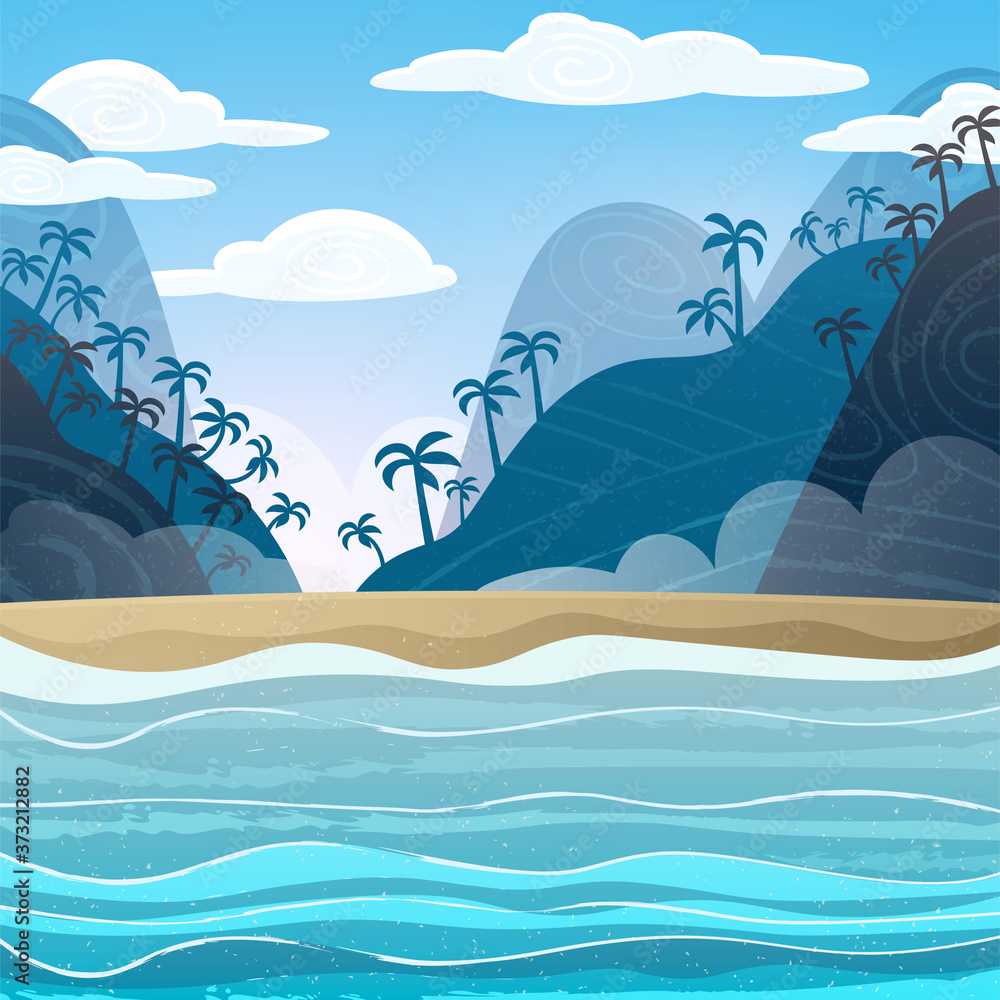 Naklejka premium Tropical blue sea and sandy beach. Tropical mountains with palm trees, vector background.