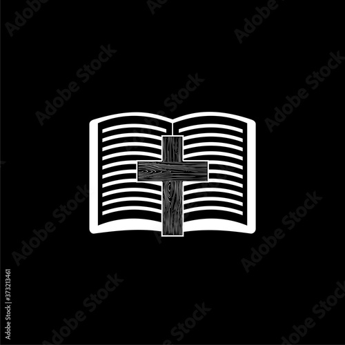 Holy bible book and cross icon isolated on dark background