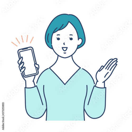 スマホを持った女性　案内ポーズ