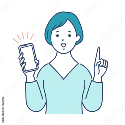 スマホを持った女性　指差しポーズ