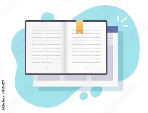 Book or notepad digital vector open online pages with text icon on website internet browser, electronic web notebook or textbook paper with bookmark flat cartoon illustration, education idea