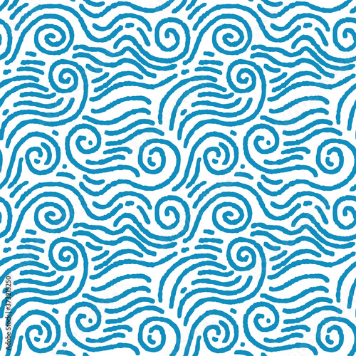 Seamless pattern with blue swirling waves. Design for backdrops with sea, rivers or water texture. Repeating texture. Surface design.