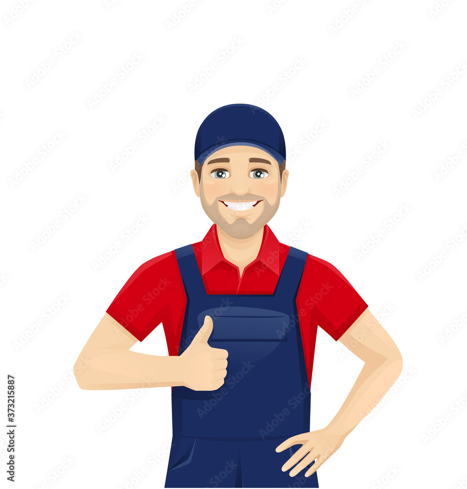 Handsame man in blue overalls showing thumb up isolated vector illustration
