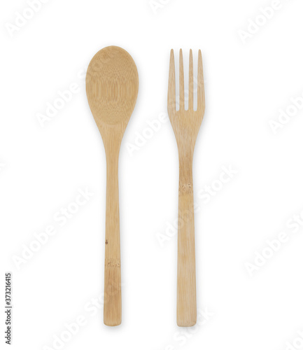 Bamboo fork and spoon made of natural material isolated on white background.