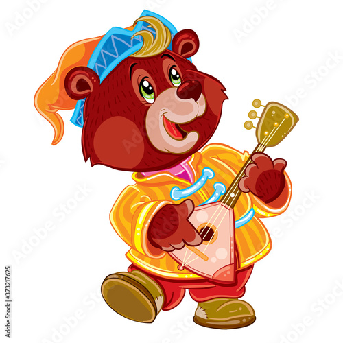 bear with balalaika and in a cap dancing at the fair, buffoon, isolated object on a white background, vector illustration,