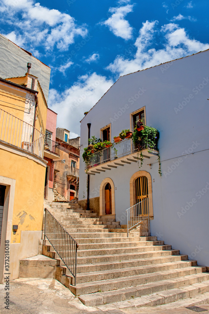 Ragusa Ibla a UNESCO heritage, view street stairs in historic center, Sicily