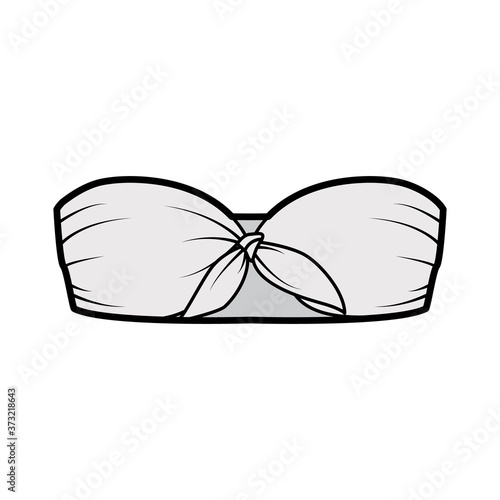 Bandeau tube top technical fashion illustration with cropped length, ties at front. Flat swimwear lingerie apparel template front, grey color. Women, men, unisex underwear CAD mockup. 