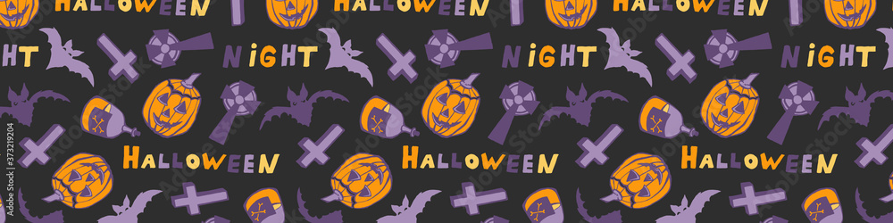 Halloween vector illustration. Hand drawn long pattern. Spooky elements for banner, poster, invitation or festive decoration