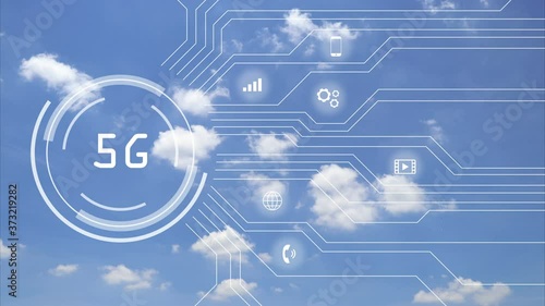 5G network with communication symbols motion on blue sky background.