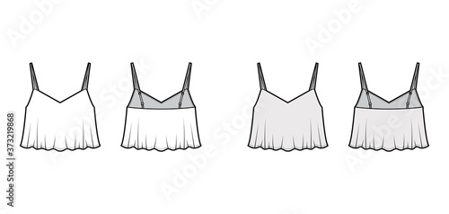 Cropped camisole top technical fashion illustration with sweetheart neck, flare hem, loose silhouette, adjustable straps. Flat tank apparel template front back white grey color. Women men unisex CAD