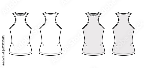 Cotton-jersey tank technical fashion illustration with racer-back straps, slim fit, elongated hem, crew neck. Flat outwear apparel template front back, white grey color. Women men unisex shirt top CAD