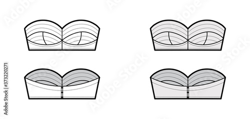 Bustier tube top technical fashion illustration with sweetheart neckline, cups and a cutaway front. Flat bra swimwear lingerie apparel template front back white grey color. Women men unisex underwear