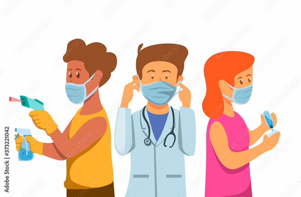 Pandemic virus prevention wear mask and wash hand with people gesture symbol in cartoon illustration vector on white background Pandemic virus prevention wear mask and wash hand with people gesture symbol in cartoon illustration vector on white background