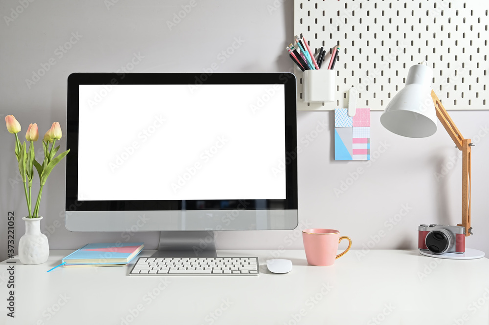 Workspace computer isolated white screen on creativity table. Workspace computer isolated white screen on creativity table.