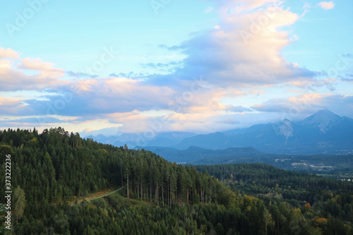 Fototapeta Naklejka Na Ścianę i Meble -  Nice view from a height to the green dense forest and mountains in the evening.