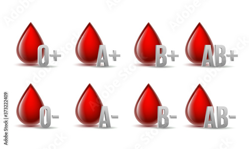 Set of red blood drops with grey blood type medical icons.
