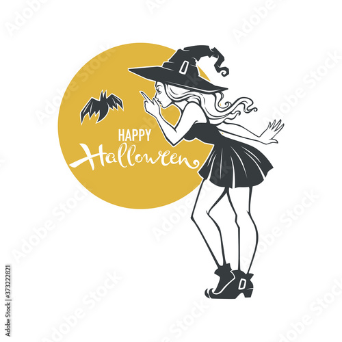 pinup witch and bat, vector halloween illustration and lettering composition