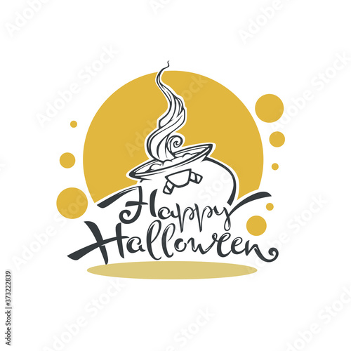 happy halloween logo with witch couldron and lettering composition