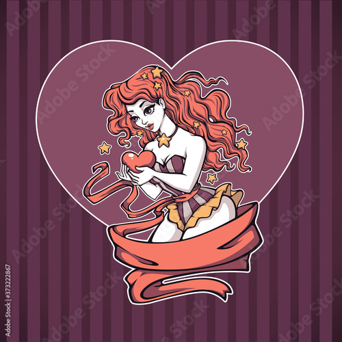 fantasy pinup girl holding a heart, vector illustration for your print on dark bacground